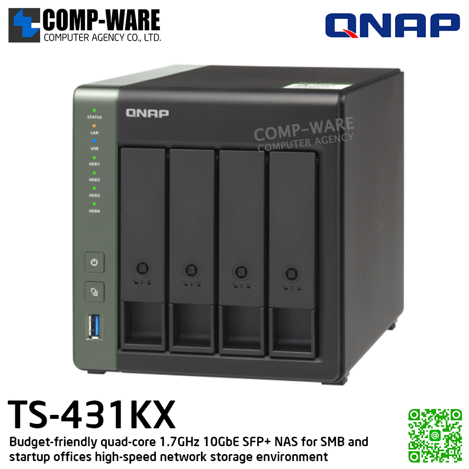 QNAP (Tower 4-Bay) TS-431KX-2G / Annapurna Labs Alpine AL-214 (4Core) / 2GB DDR3L SODIMM / 4 x 2.5"/3.5" SATA 6Gbps / 1 x 10GbE SFP+ & 2 x GbE / Adapter Power / 2Y Warranty / No HDD