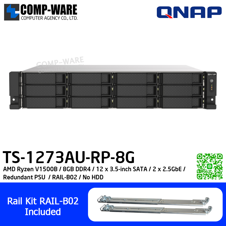 QNAP NAS (2U 12-Bay) TS-1273AU-RP / AMD Ryzen V1500B / 8GB DDR4 / 12 x 3.5-inch SATA / 2 x 2.5GbE / Redundant PSU / RAIL-B02 / No HDD / TS-1273AU-RP-8G / 3Y Warranty