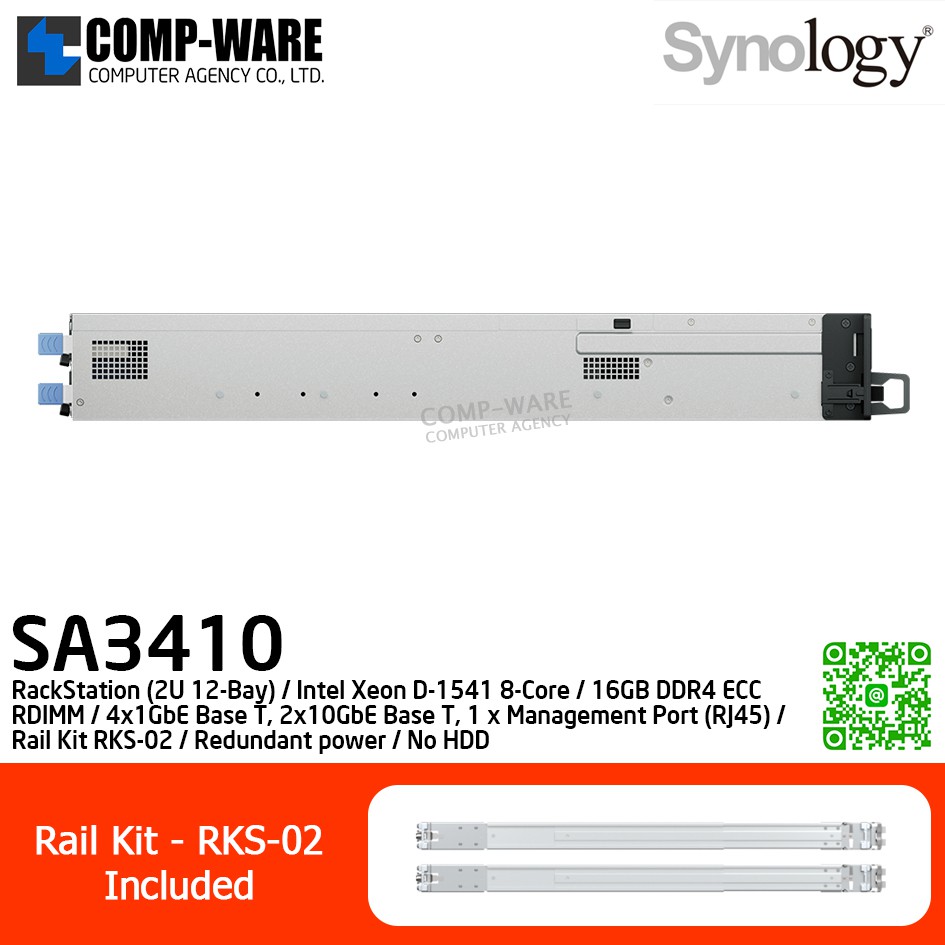 Synology RackStation (2U 12-Bay) SA3410 / Intel Xeon D-1541 8-Core / 16GB DDR4 ECC RDIMM / 4x1GbE Base T, 2x10GbE Base T, 1 x Management Port (RJ45) / Rail Kit RKS-02 / Redundant power / No HDD / 5Y Warranty