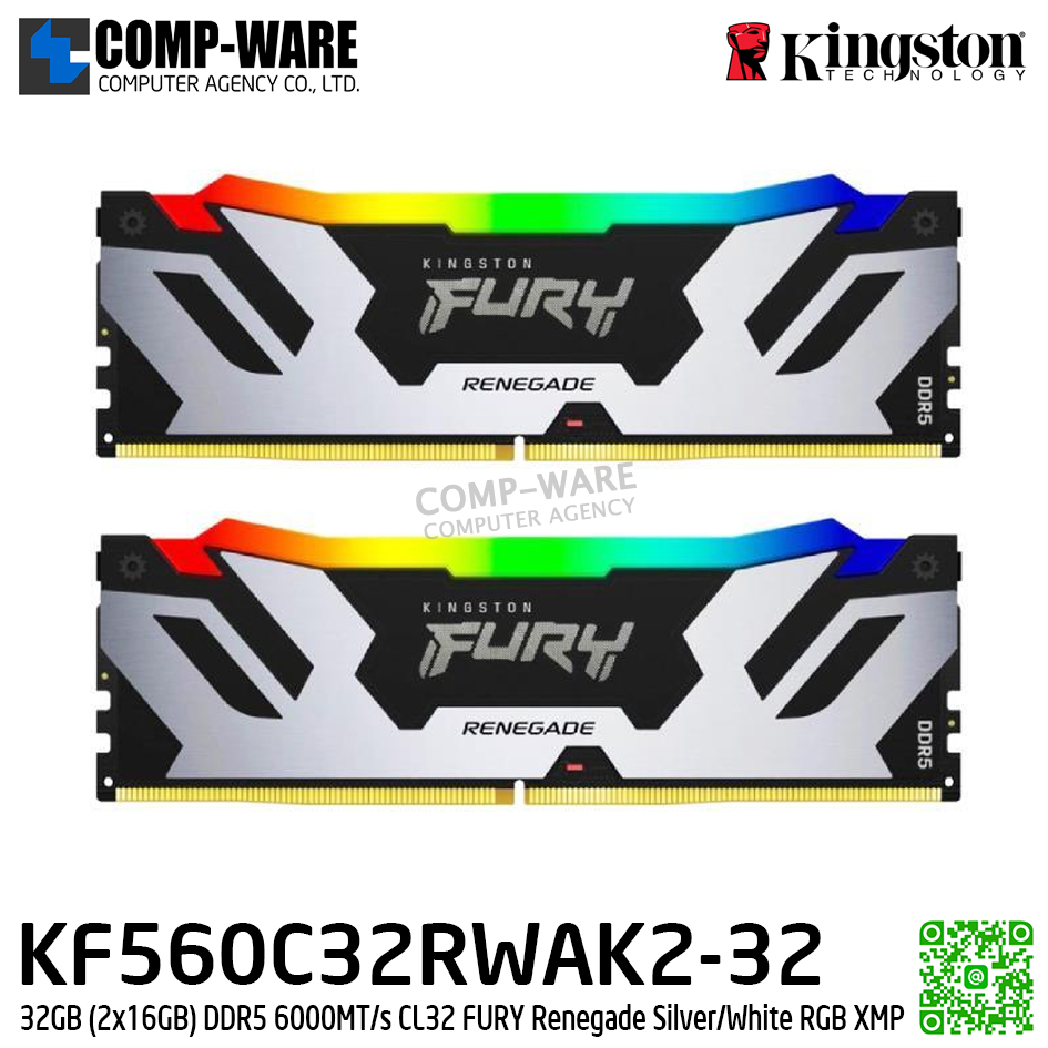 Kingston KF560C32RWAK2-32 32GB (2x16GB) DDR5 6000MT/s CL32 FURY Renegade Silver/White RGB XMP - Lifetime Warranty - Memory Module - RAM