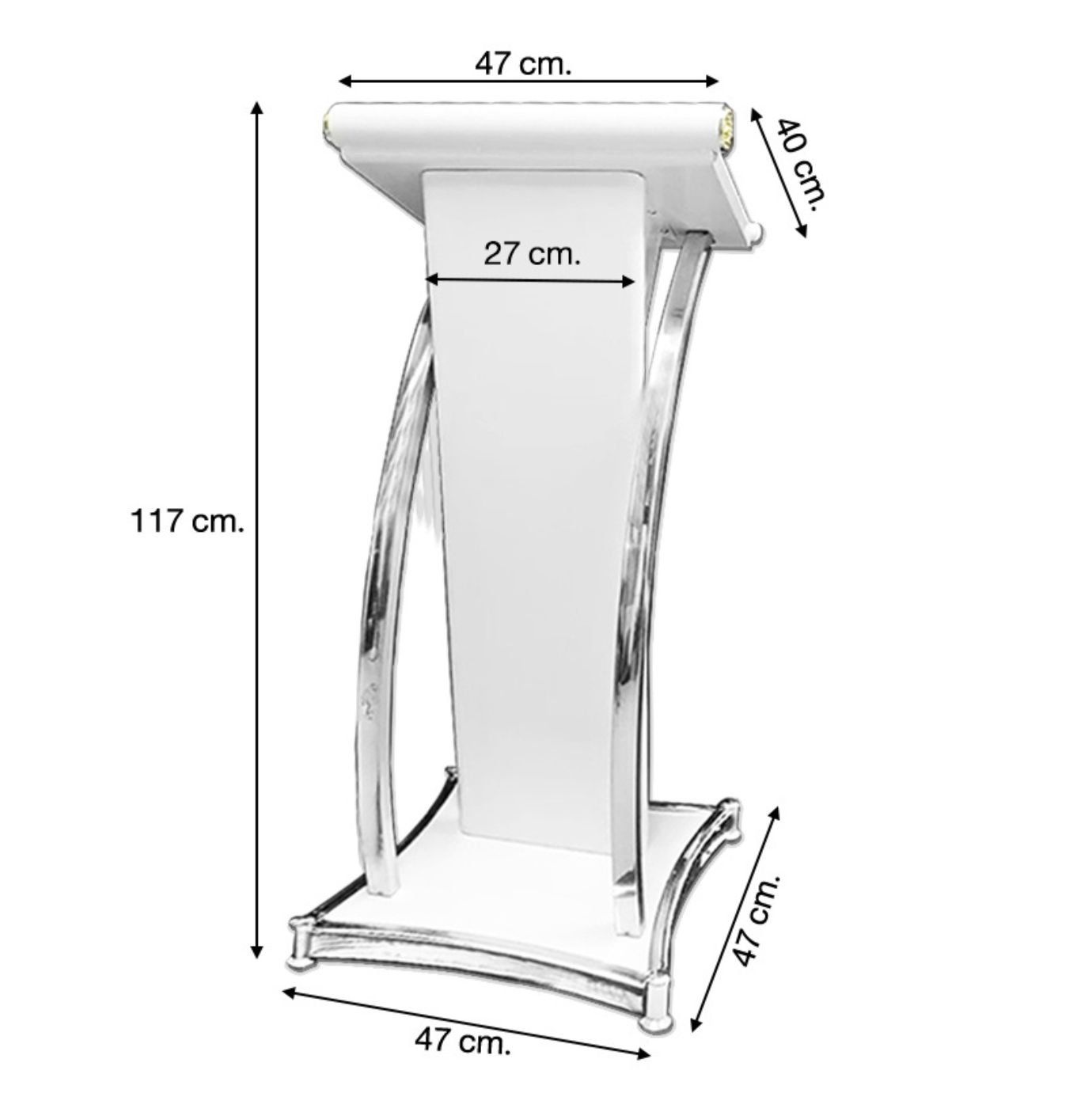 เช่าโพเดียมเหล็กสีขาว ขนาด 47x40x117 cm. ตกแต่งสแตนเลส เสาคู่ และฐาน