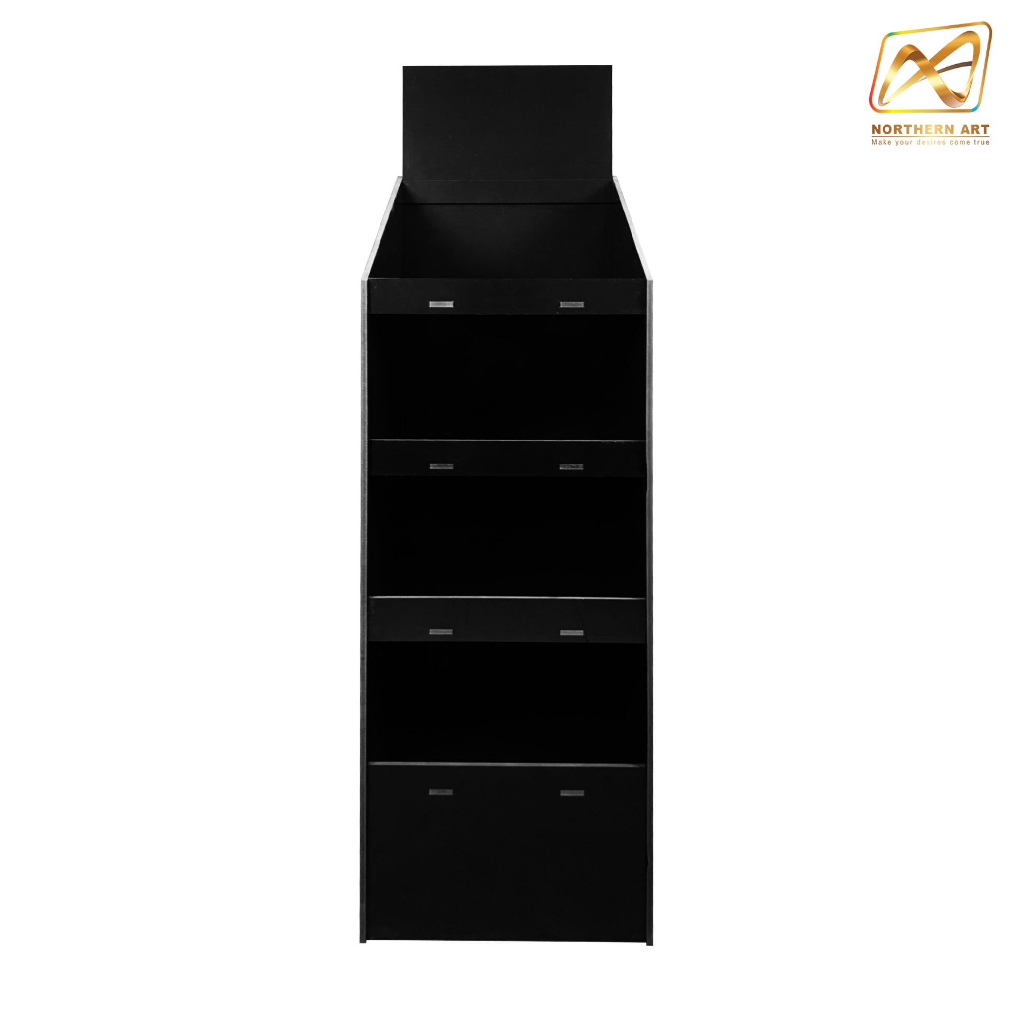 CLEARANCE SALE! ชั้นวางสินค้าพลาสวูด 4 ชั้น ขนาด (W)34 x (D)35.5 x (H)132 ซม. วัสดุพลาสวูดสีดำหนา 8 มม.ถอดประกอบได้