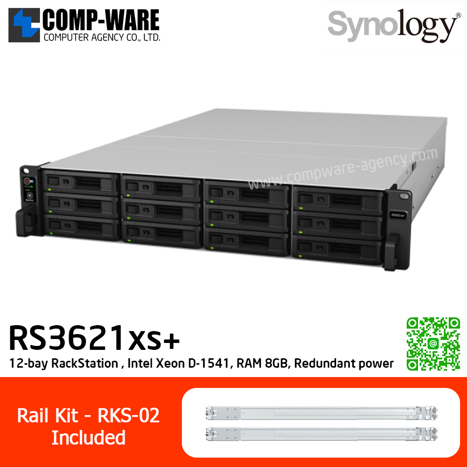 Synology RackStation (2U 12-Bay) RS3621xs+ / Intel Xeon D-1541 8-Core / 8GB ECC UDIMM RAM (Max.64GB) / 2x10GbE Base T, 4x1GbE Base T / Redundant power / Rail Kit RKS-02 / 5Y Warranty / No HDD