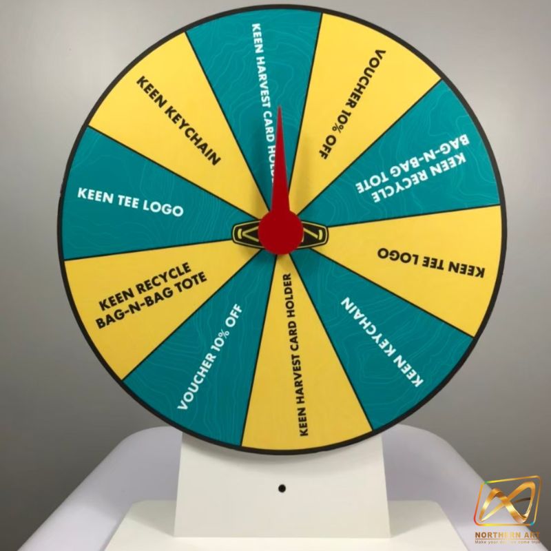 เกมส์วงล้อตั้งโต๊ะ ขนาดวงล้อ 50 ซม. สูง 61.5 ซม. วัสดุพลาสวูดสีขาว หนา 8-15 มม. ถอดประกอบได้