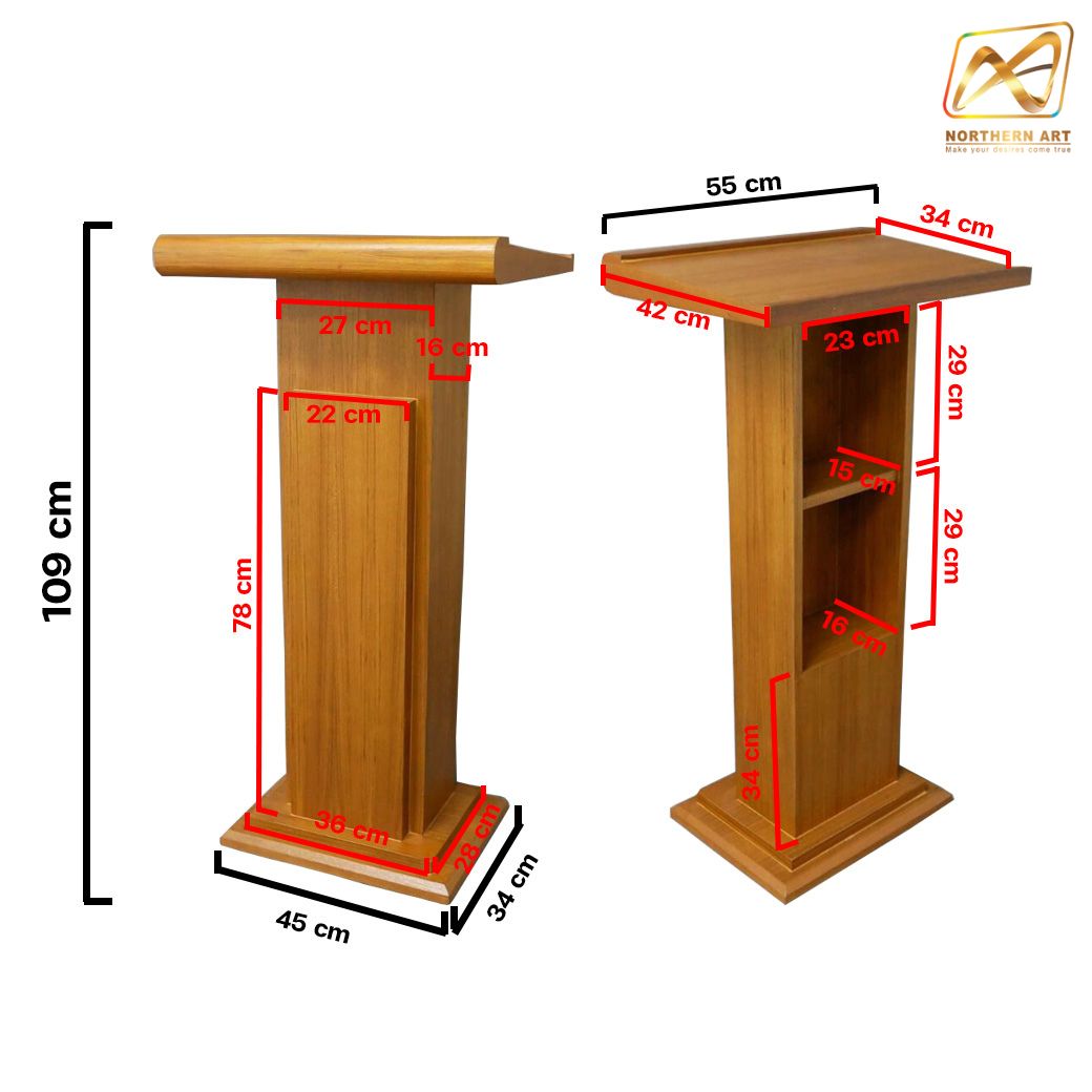 โพเดียมไม้ สีสัก ทรงโมเดิร์น TOPตรง ขนาด (W)55 x (L)42 x (H)109 cm. พร้อมชั้นวางของ