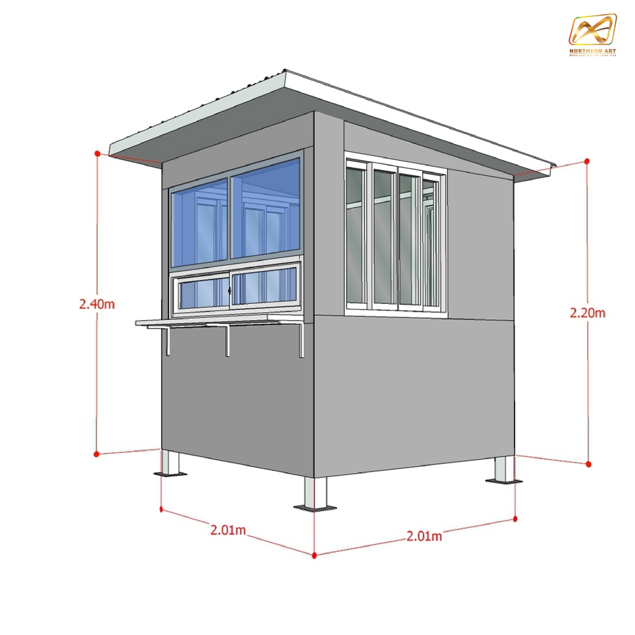 ป้อมยามสำเร็จรูป หุ้มเสา ขนาด (W)2.00 x (L)2.00 x (H)2.60 ม. โครงเหล็ก กรุแผ่นสมาร์ทบอร์ด บานหน้าต่างอลูมิเนียม