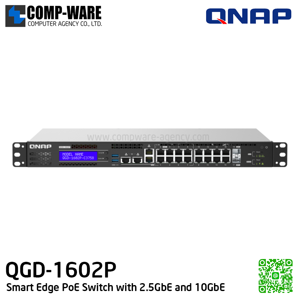 QNAP QGD-1602P-C3758-16G Smart Edge PoE Switch with 2.5GbE and 10GbE Capability for the Wi-Fi 6 & SD-WAN Generation (รับประกัน 2 ปี)