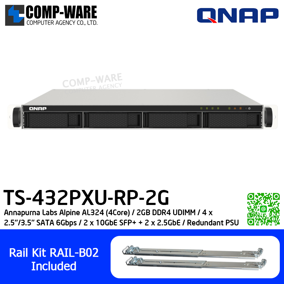 QNAP (1U 4-Bay) TS-432PXU-RP-2G / Annapurna Labs Alpine AL324 (4Core) / 2GB DDR4 UDIMM / 4 x 2.5"/3.5" SATA 6Gbps / 2 x 10GbE SFP+ + 2 x 2.5GbE / Redundant PSU / 3Y Warranty / No HDD / RAIL-B02
