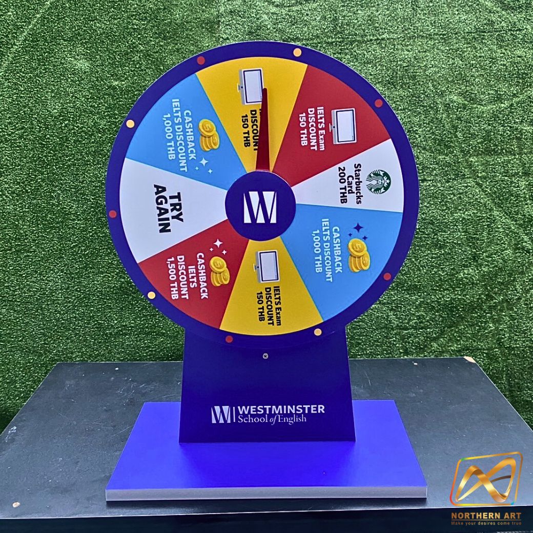 เกมส์วงล้อตั้งโต๊ะ ขนาดวงล้อ 40 ซม. สูง 56 ซม. วัสดุพลาสวูดสีขาว หนา 8-15 มม. ถอดประกอบได้