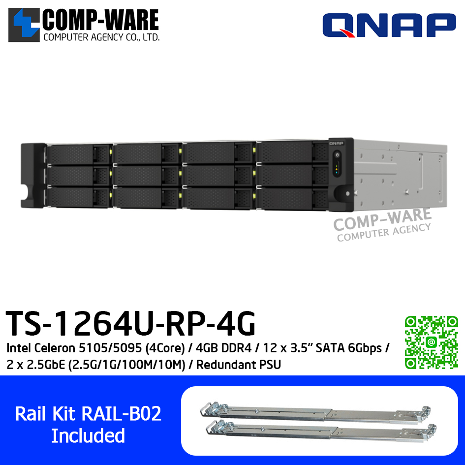 QNAP (2U 12-Bay) TS-1264U-RP-4G / Intel Celeron 5105/5095 (4Core) / 4GB DDR4 / 12 x 3.5" SATA 6Gbps / 2 x 2.5GbE (2.5G/1G/100M/10M) / Redundant PSU / 3Y Warranty / No HDD / Rail Kit RAIL-B02