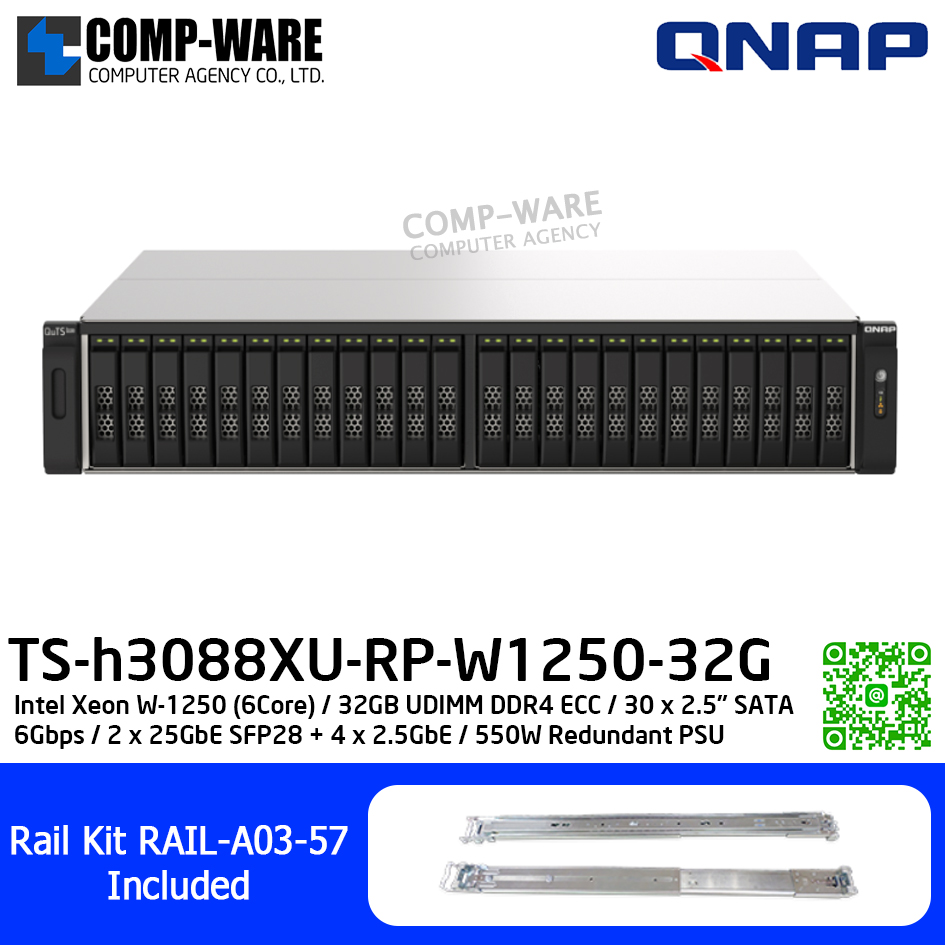 QNAP (2U 30-Bay) TS-h3088XU-RP-W1250-32G / Intel Xeon W-1250 (6Core) / 32GB UDIMM DDR4 ECC / 30 x 2.5" SATA 6Gbps / 2 x 25GbE SFP28 + 4 x 2.5GbE / 550W Redundant PSU / 3Y Warranty / No HDD / Rail Kit RAIL-A03-57