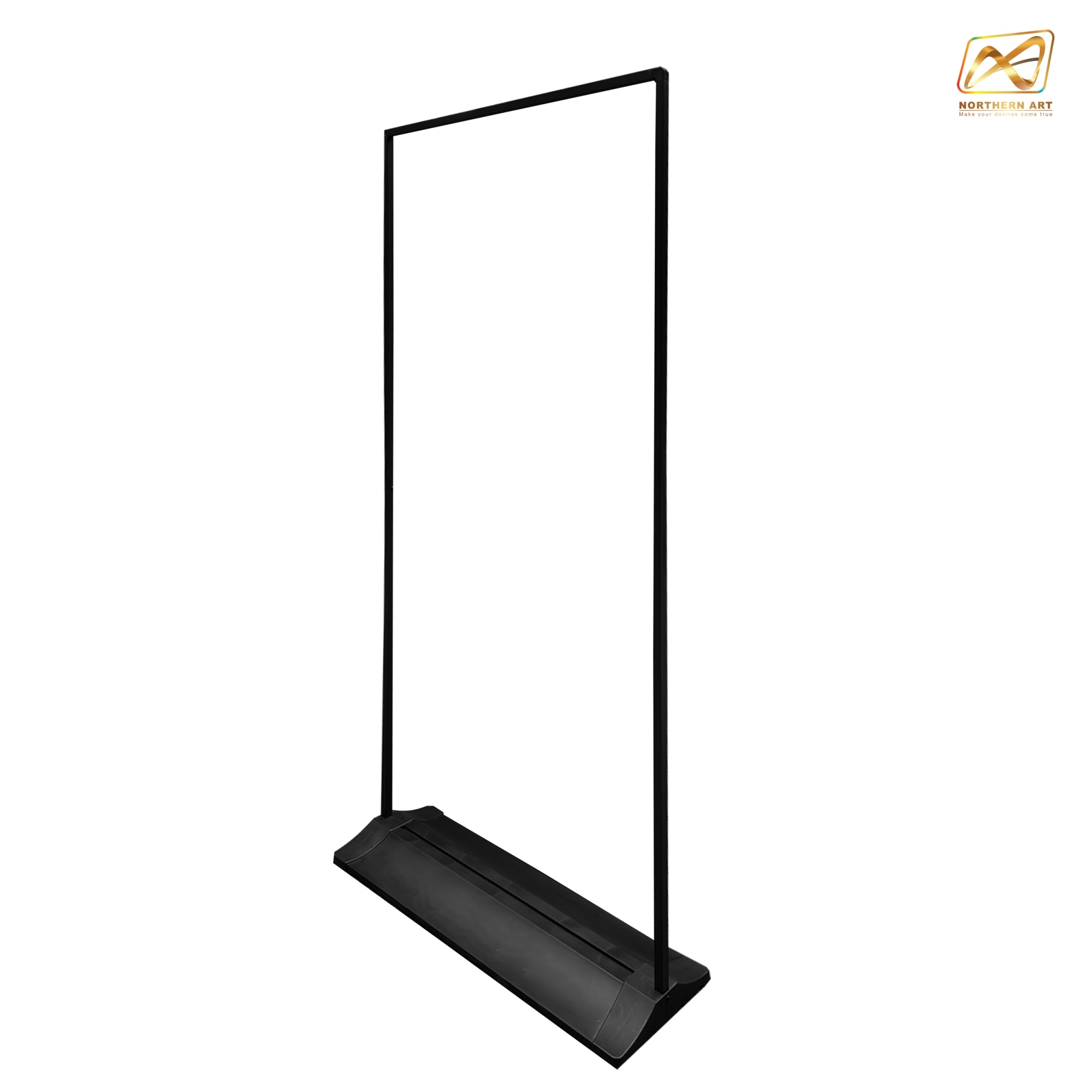 ป้ายตั้งพื้น รุ่นแขวน ฐานพลาสติกขึ้นรูป ขนาด 80x180 ซม. โครงเหล็กสีดำพร้อมขอแขวน 4 มุม ถอดประกอบได้ เคลื่อนย้ายสะดวก