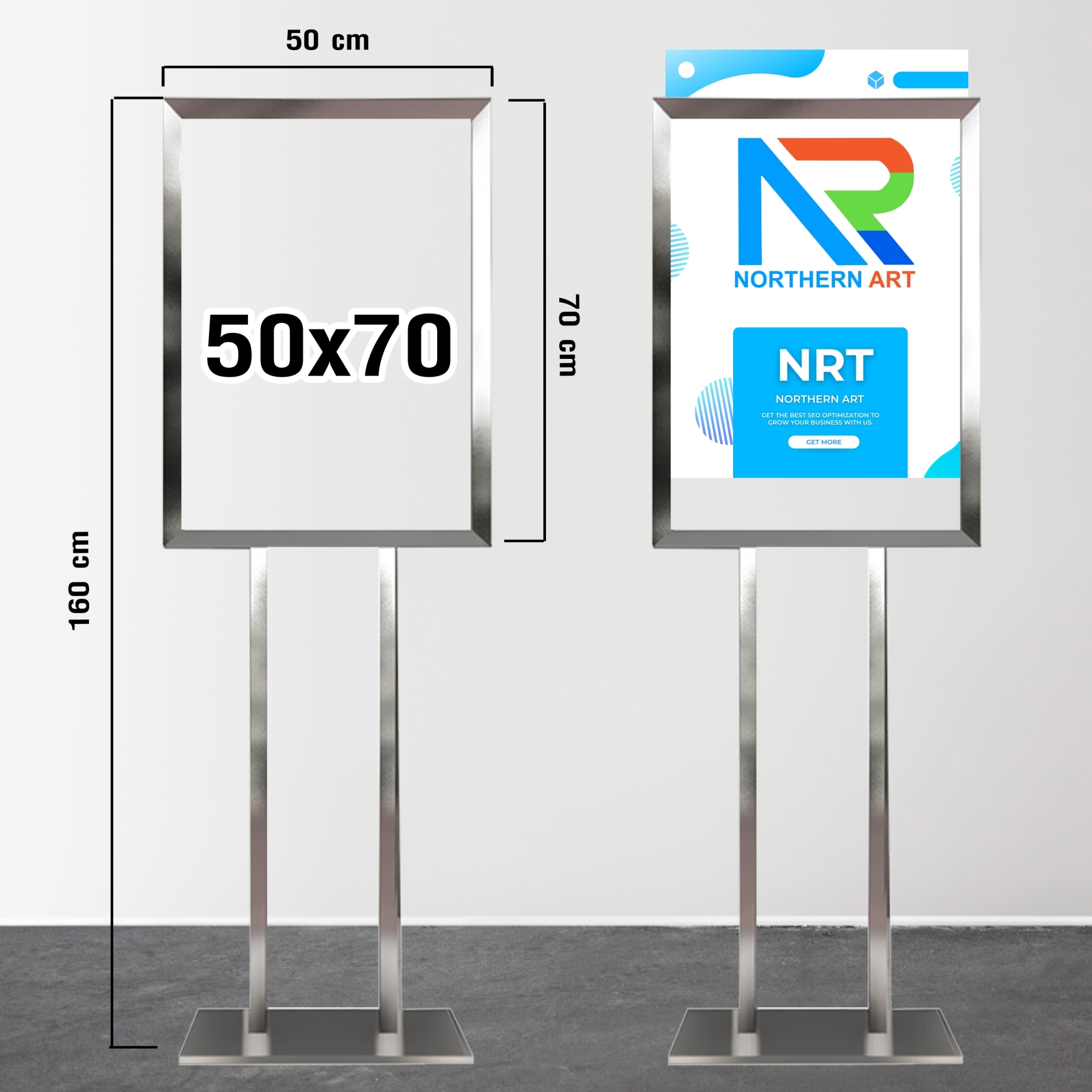 โปสเตอร์สแตนด์เสาคู่ ฐานเหลี่ยม ขนาด (W)50 x (L)70 cm. โชว์งานพิมพ์ 2 ด้าน พร้อมอะคริลิคใส 2 มม. 2แผ่น สอดงานพิมพ์ด้านบน