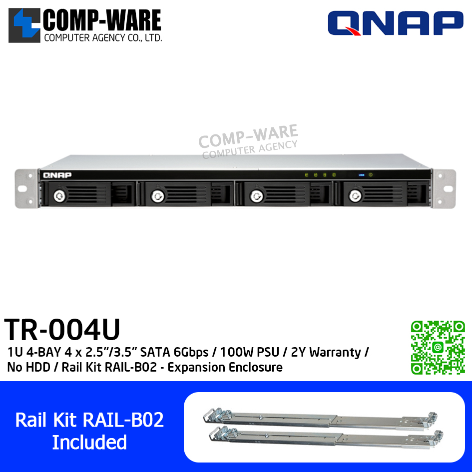 QNAP (1U 4-Bay) TR-004U / 4 x 2.5"/3.5" SATA 6Gbps / 100W PSU / 2Y Warranty / No HDD / Rail Kit RAIL-B02 - Expansion Enclosure