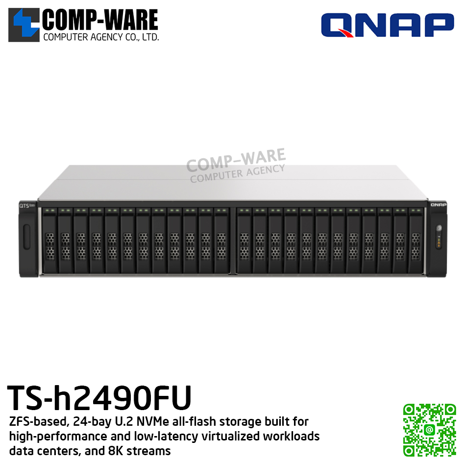 QNAP (2U 24-Bay) TS-h2490FU-7302P-256G / AMD EPYC 7302P (16C/32T) / 256GB RDIMM ECC DDR4 (8 x 32GB) / 24 x 2.5" NVMe Gen3 x4 U.2 SSD / 4 x 25GbE SFP28, 2 x 2.5GbE / Redundant PSU / 5Y Warranty / No HDD / Rail Kit RAIL-A03-57