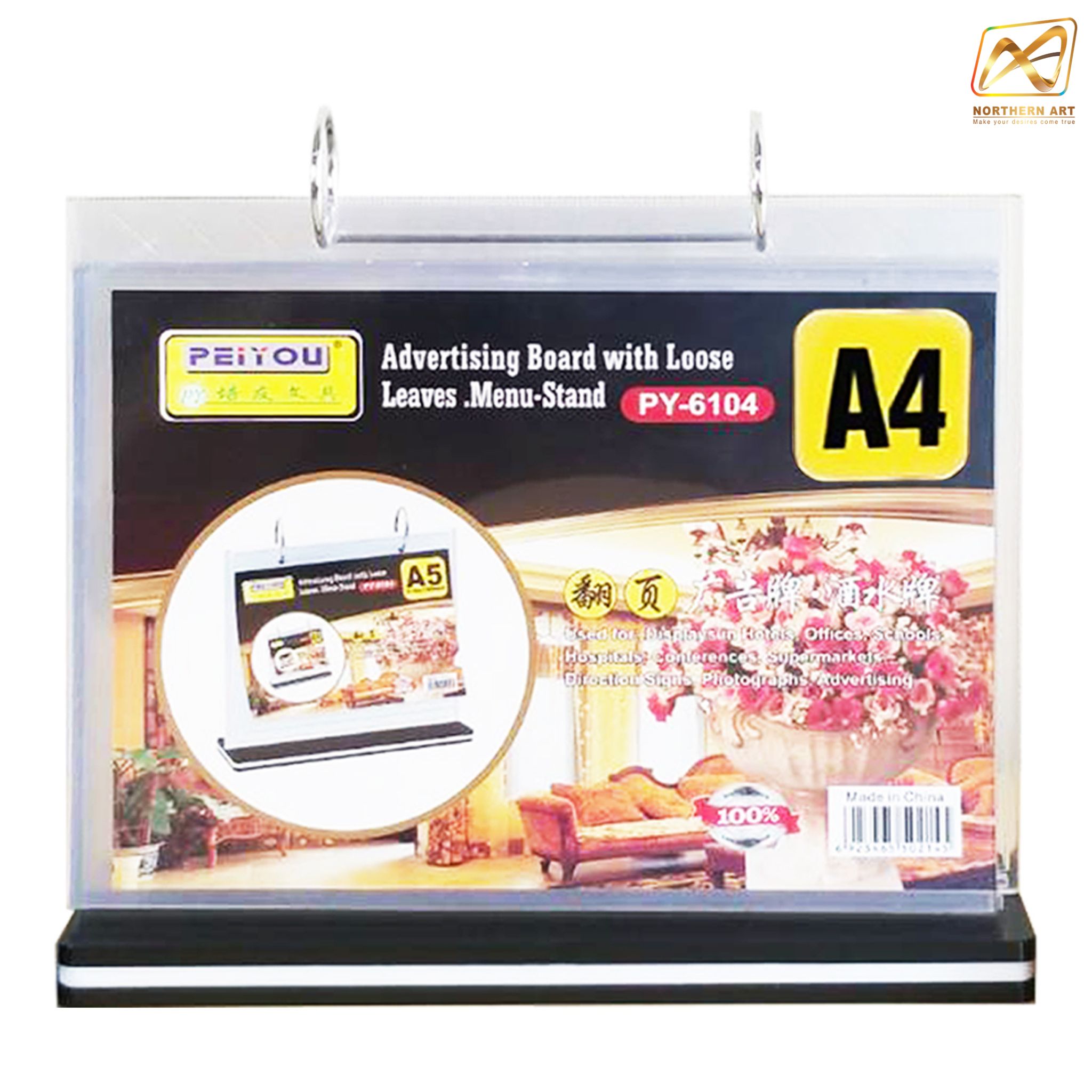 เมนูสแตนตั้งโต๊ะ รุ่นD5 ฐานพลาสติกสีดำ พร้อมซอง 6 ซอง โชว์งานพิมพ์2ด้าน พร้อมจัดส่งทั่วไทย