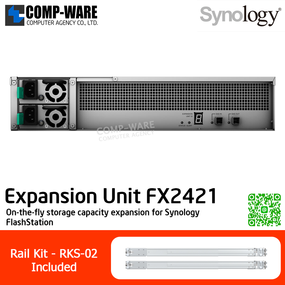 Synology Expansion Unit (2U 24-Bay 2.5in only) FX2421 Redundant Power Supply / Rail Kit RKS-02 / No HDD (For Synology FlashStation)