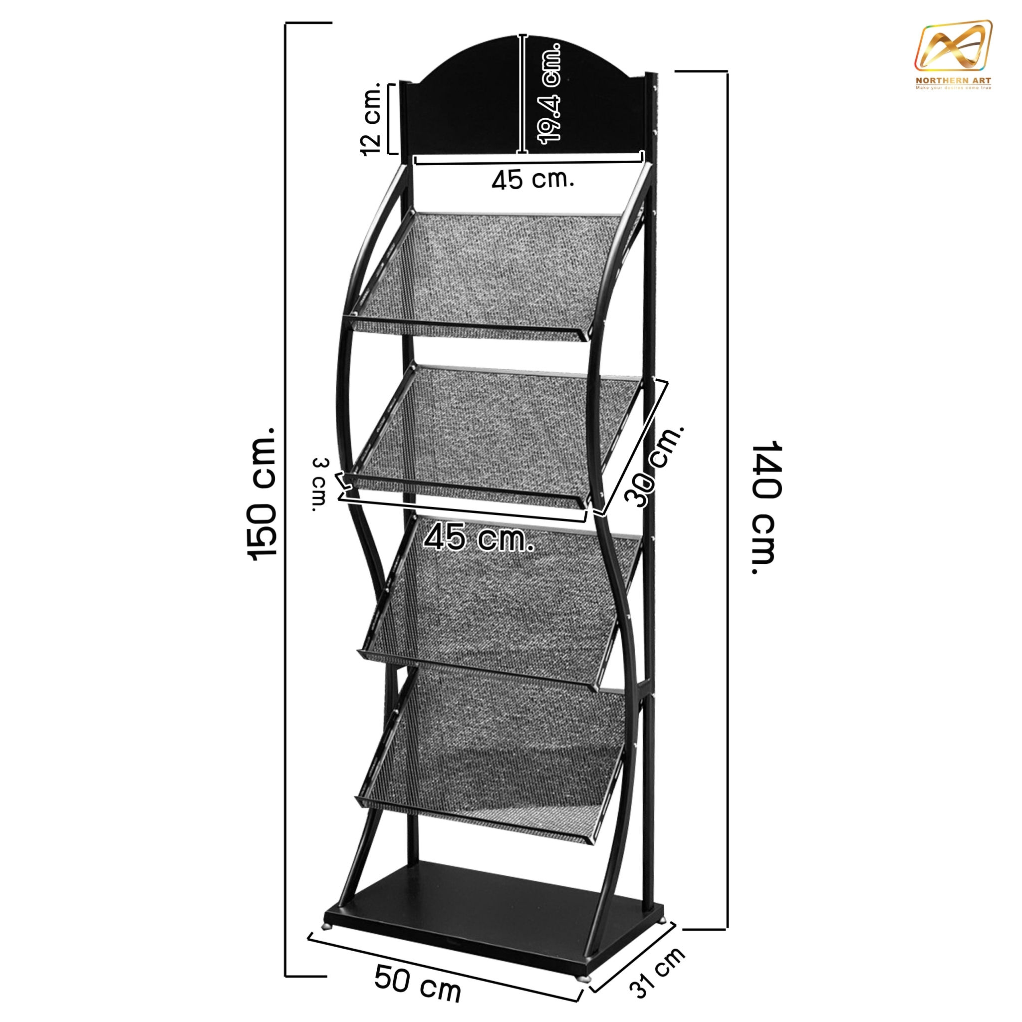 ชั้นวางโบรชัวร์เหล็ก 4 ชั้น สีดำ ขนาด (W)49.5 x (D)31 x (H)150 cm. ถอดประกอบได้