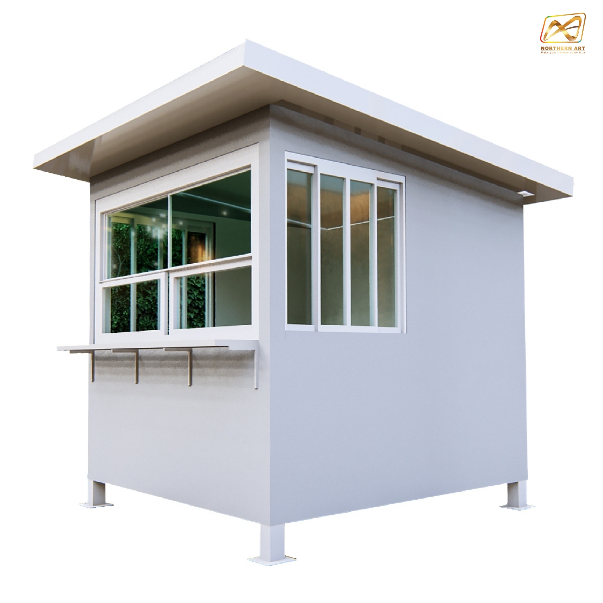 ป้อมยามสำเร็จรูป หุ้มเสา ขนาด (W)2.00 x (L)2.00 x (H)2.60 ม. โครงเหล็ก กรุแผ่นสมาร์ทบอร์ด บานหน้าต่างอลูมิเนียม