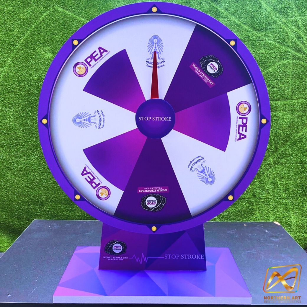 เกมส์วงล้อตั้งโต๊ะ ขนาดวงล้อ 50 ซม. สูง 61.5 ซม. วัสดุพลาสวูดสีขาว หนา 8-15 มม. ถอดประกอบได้