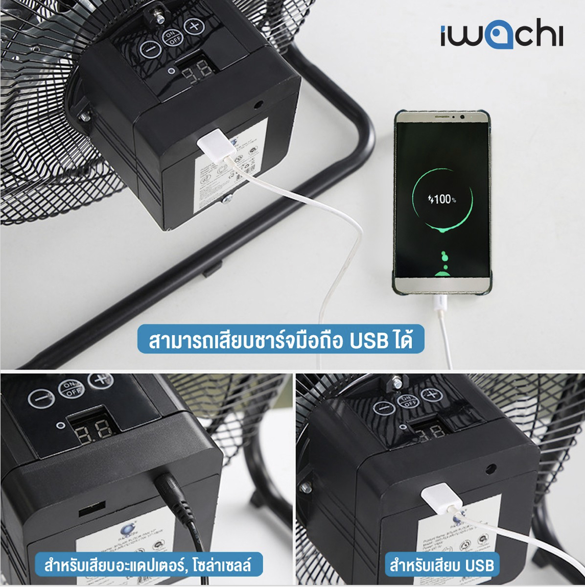 พัดลมโซล่าเซลล์ (ใช้ไฟได้ 2 ระบบ AC/DC ) IWC-SOLAR-FLOOR-FAN-12''-150W(ส่งฟรี)