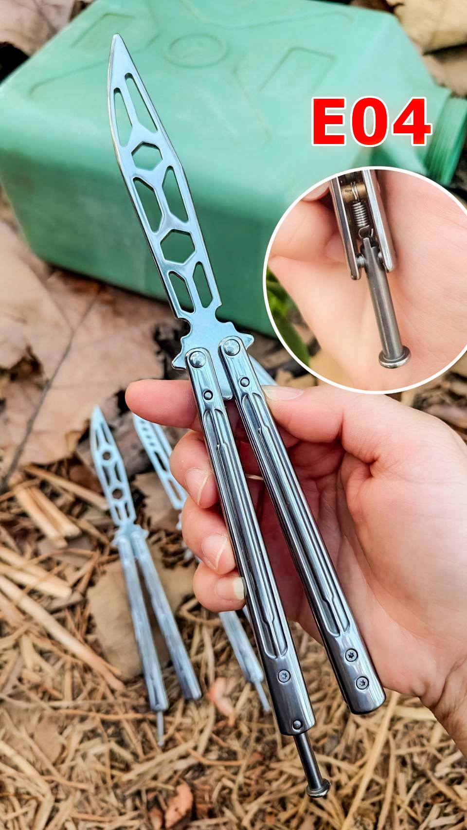 E04 /Balisong Trainer มีดควงซ้อม ไม่มีคม ไม่มีความแหลม กลับจากสแตนเลส 440 กันสนิม ตัวมีดขนาดใหญ่ full size เต็มมือเล่นง่าย ตัวล็อคท้ายเป็นสปริง ไม่สะบัดไปมาขณะเล่น สำเนา สำเนา สำเนา