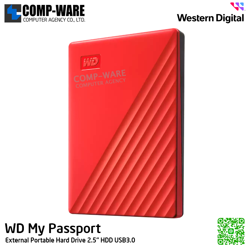 WD 5TB My Passport External Portable Hard Drive 2.5" HDD USB3.0 (Red) WDBPKJ0050BRD-WESN รับประกัน 3 ปี