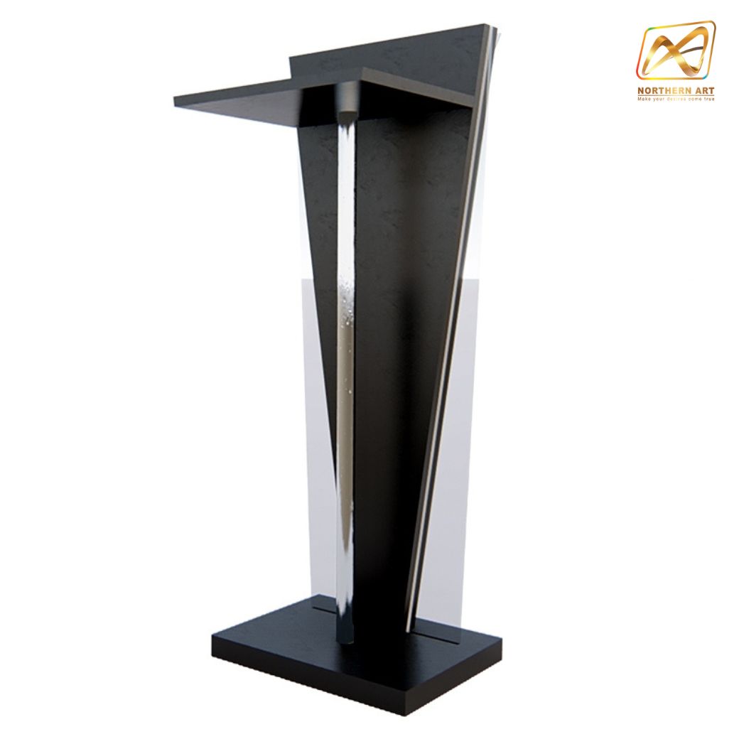 โพเดียมไม้สีดำ ทรงสามเหลี่ยม ขนาด (W) 45 x (L) 35 x (H) 120 cm. ด้านข้างอะคริลิคใส หนา 8 มม. ด้านหน้าอะคริลิคใส ติดหมุด สำหรับติดโลโก้