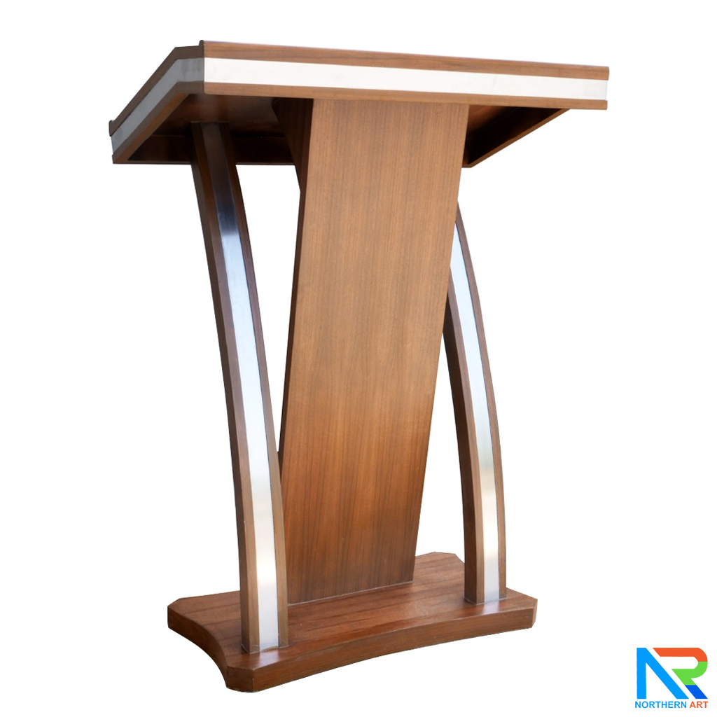 โพเดียมไม้ ยืนคู่ ขนาด 90x52x121 cm.ลายไม้ สีสัก แต่งไม้โค้งด้านข้าง พร้อมแถบลามิเนตสีเงินเงาTOPและ เสาข้าง