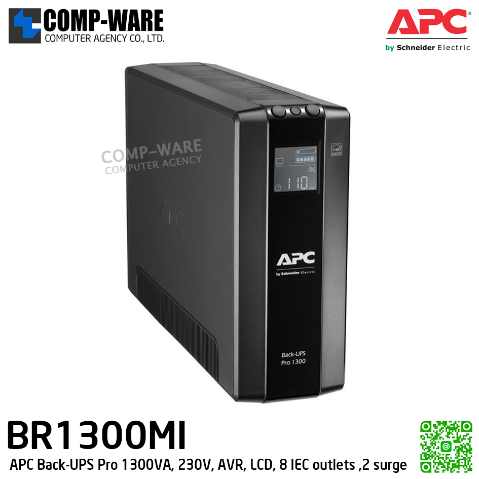 APC Back-UPS Pro 1300VA/780Watt , 230V, AVR, LCD, 8 IEC outlets (2 surge), APC-BR1300MI (เต้าเสียบ IEC, มี auto shutdown software, มีหน้าจอ LCD) / 3Y Onsite 5x8