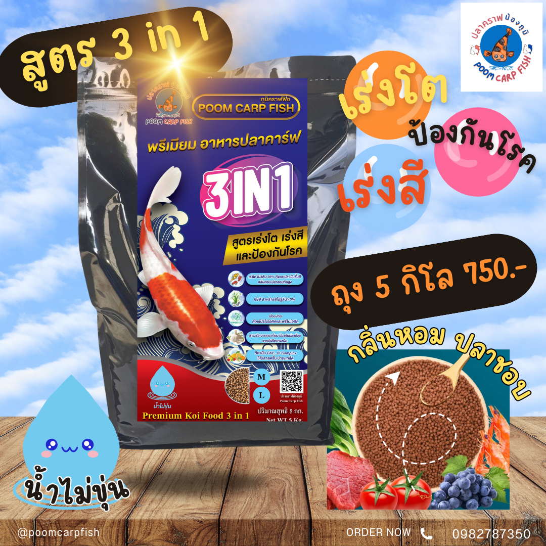 อาหารปลาคาร์ฟ เกรดพรีเมี่ยม POOMCARPFISH ครบทุกสูตรในซองเดียว สูตร 3 in 1 (เร่งโต+เร่งสี+ป้องกันโรค) เหมาะปลาคราฟทุกสายพันธ์ (บรรจุถุง 5 กก.)