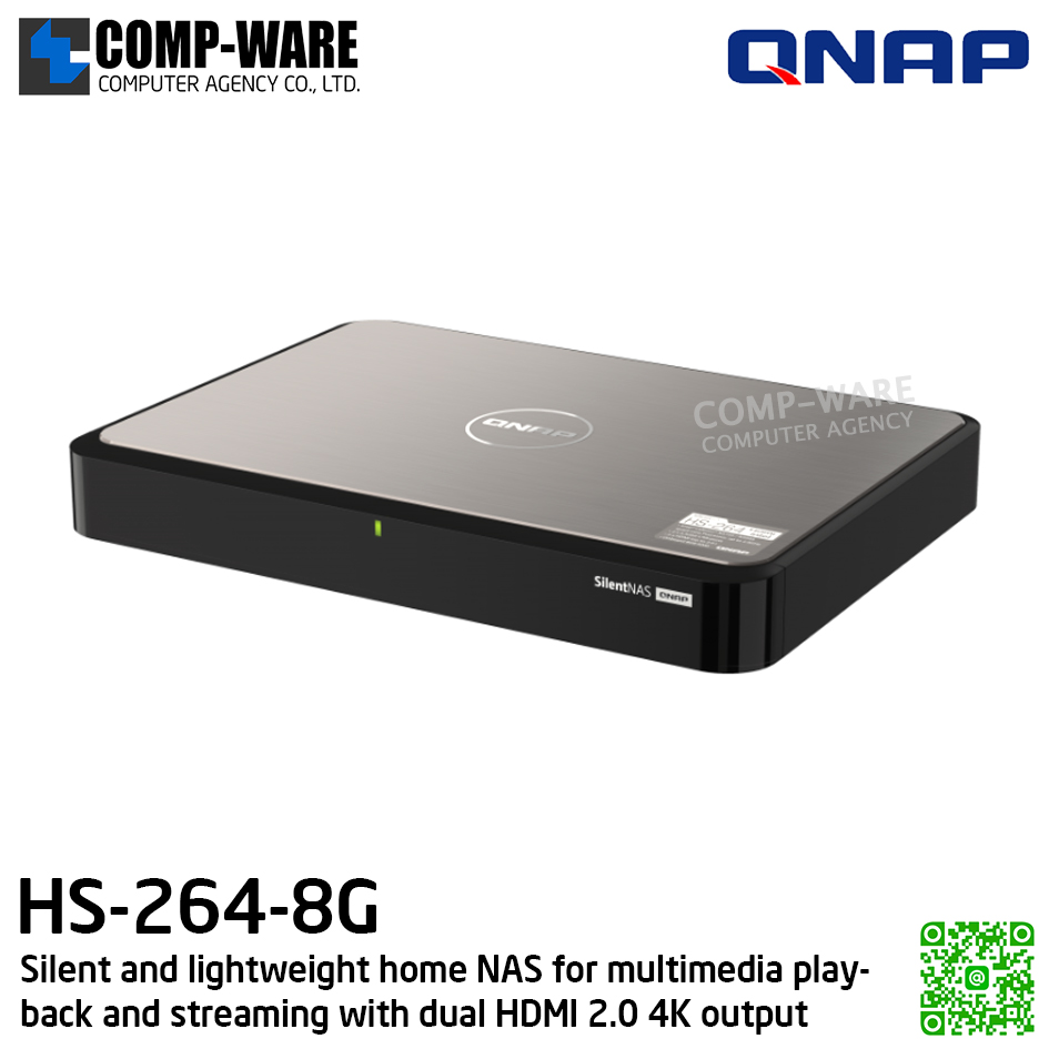 QNAP (Set-Top design 2-Bay) HS-264-8G / Intel Celeron N5105 / 8GB RAM / 2 x 3.5-inch SATA 6Gb/s / 2 x 2.5GbE / 2 x HDMI / Adapter Power / 2Y Warranty / No HDD