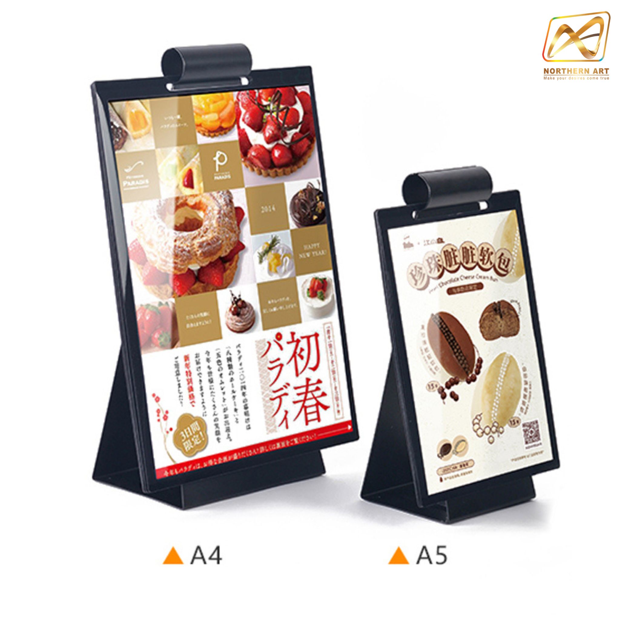 เมนูตั้งโต๊ะ รุ่น D9 วัสดุเหล็ก สีเงินและสีดำ ขนาด A5และA4 พร้อมซองพลาสติก 6 ซอง สอดงานพิมพ์ด้านข้าง โชว์งานพิมพ์ได้ 2 หน้า