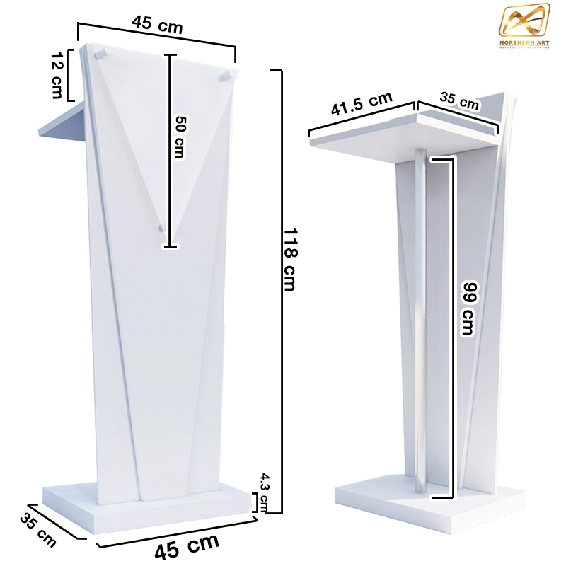 โพเดียมไม้สีขาว ทรงสามเหลี่ยม ขนาด (W) 45 x (L) 35 x (H) 118 cm. ด้านหน้าอะคริลิคใส ติดหมุด สำหรับติดโลโก้
