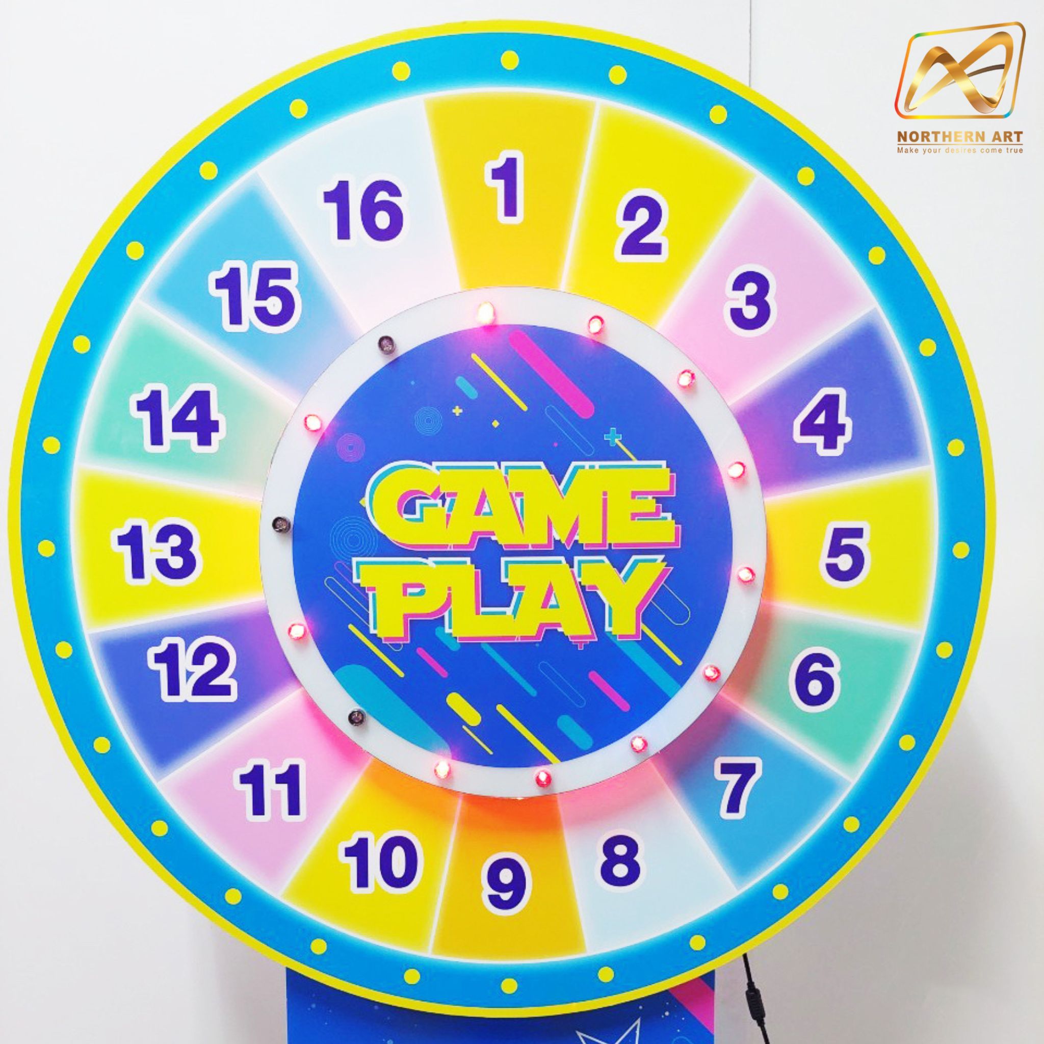 เช่าเกมส์วงล้อ LED ตั้งพื้น รุ่นไฟวิ่ง ระบบสัมผัส พร้อมไฟกระพริบเปลี่ยนสีได้ ขนาดวงล้อ 80 ซม.สูง 170 ซม. สามารถเปิดสปอร์ตโฆษณาได้ มีลำโพงในตัว