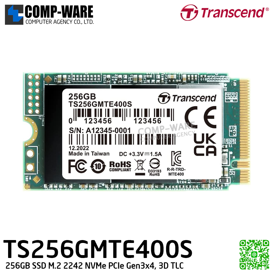 Transcend MTE400S 256GB SSD M.2 2242 NVMe PCIe Gen3x4, 3D TLC , TS256GMTE400S - 5Y Warranty