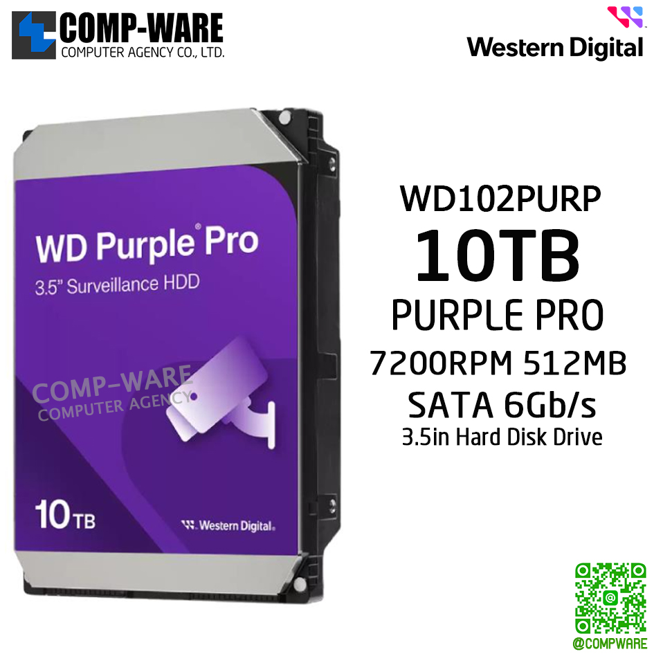 WD Purple Pro 10TB AV Surveillance Hard Disk Drive - 7200RPM SATA 6Gb/s 512MB Cache 3.5 Inch - WD102PURP - 5Y Warranty