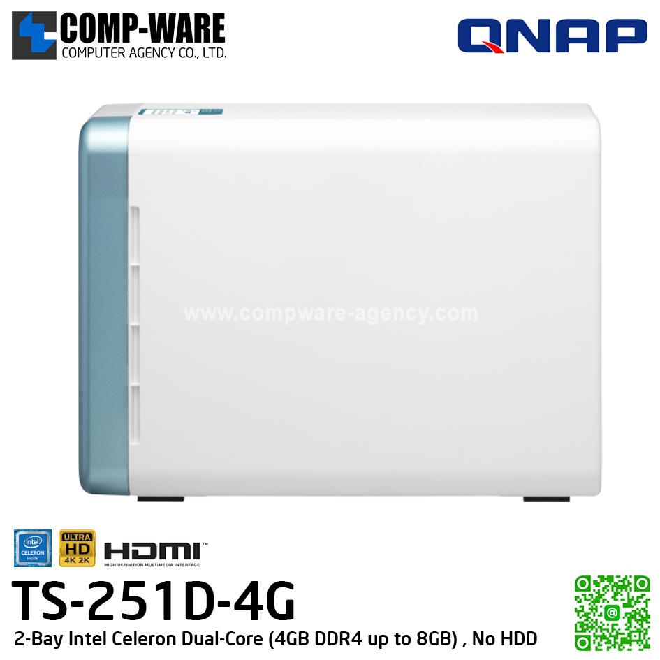 QNAP NAS (2-Bay) TS-251D (4GB DDR4 RAM up to 8GB) Intel Celeron J4005 Dual-Core HD Graphics 600, No HDD / TS-251D-4G