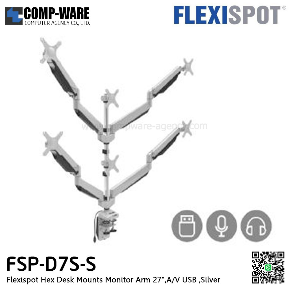 Flexispot FSP-D7S-S Hex Desk Mounts Monitor Arm 27",A/V USB , Silver