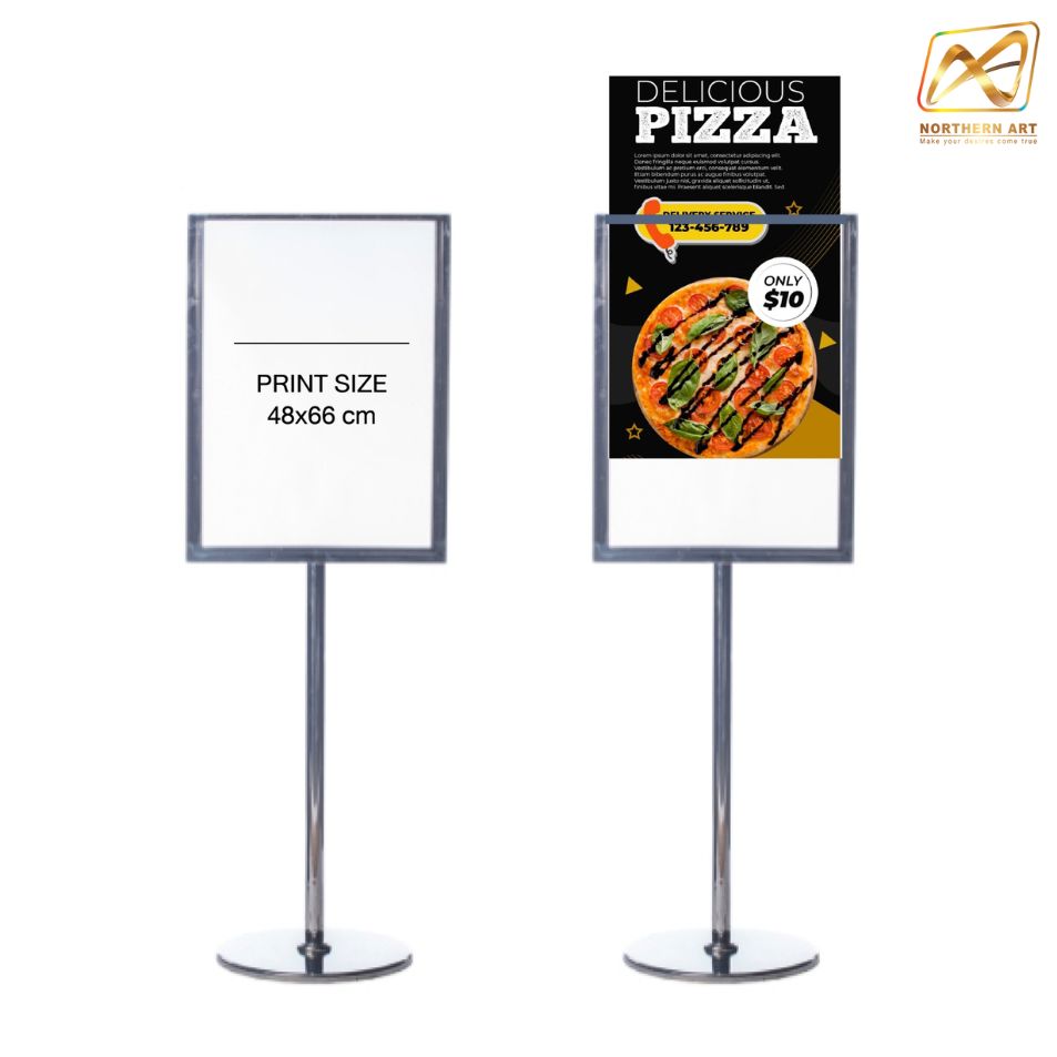 เช่าโปสเตอร์สแตนด์ สแตนเลส ขนาด 52x69x150 cm.ฐานกลม พร้อมอะคริลิค 2 แผ่น ประกบ