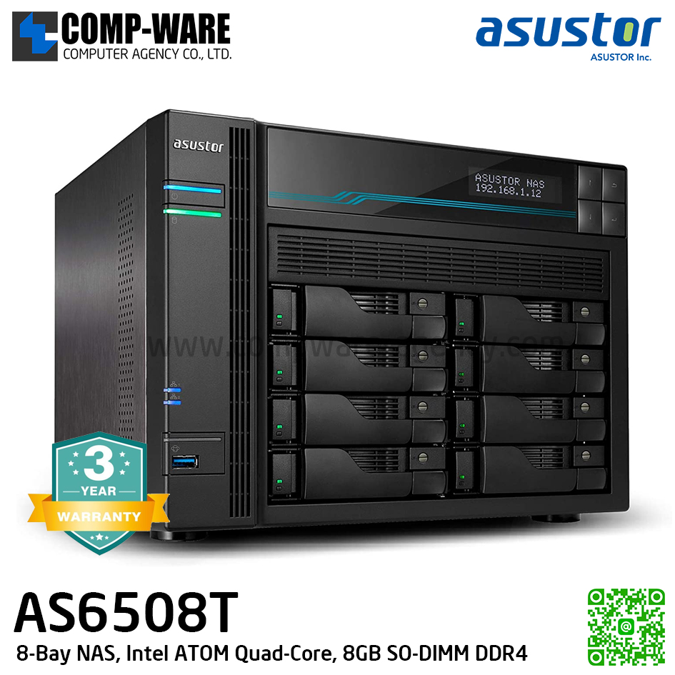 Asustor (8-Bay) AS6508T Intel ATOM C3538 2.1GHz Quad-Core (8GB DDR4 RAM) 3Years Warranty , No HDD