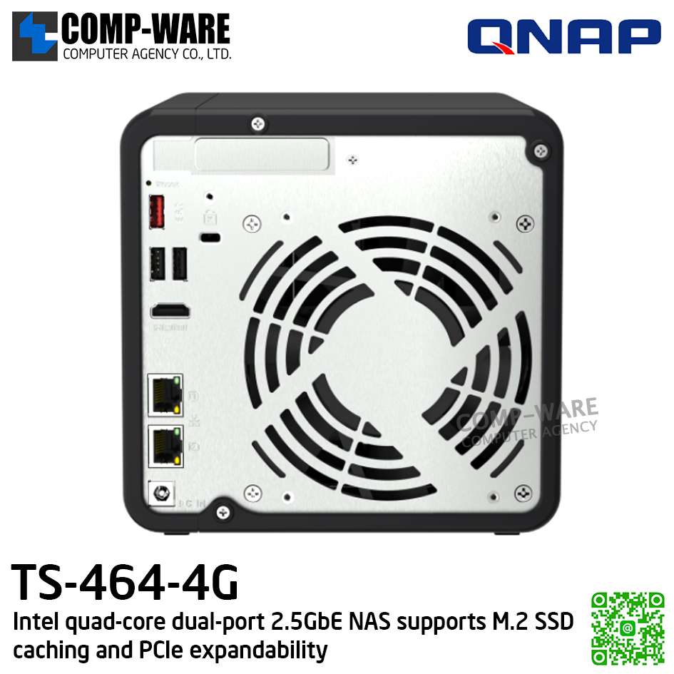 QNAP (Tower 4-Bay) TS-464-4G / Intel Celeron N5105/N5095 / 4GB DDR4 SODIMM / 4 x 3.5-inch SATA 6Gb/s / 2 x 2.5GbE / 1xHDMI / Adapter Power / 3Y Warranty / No HDD