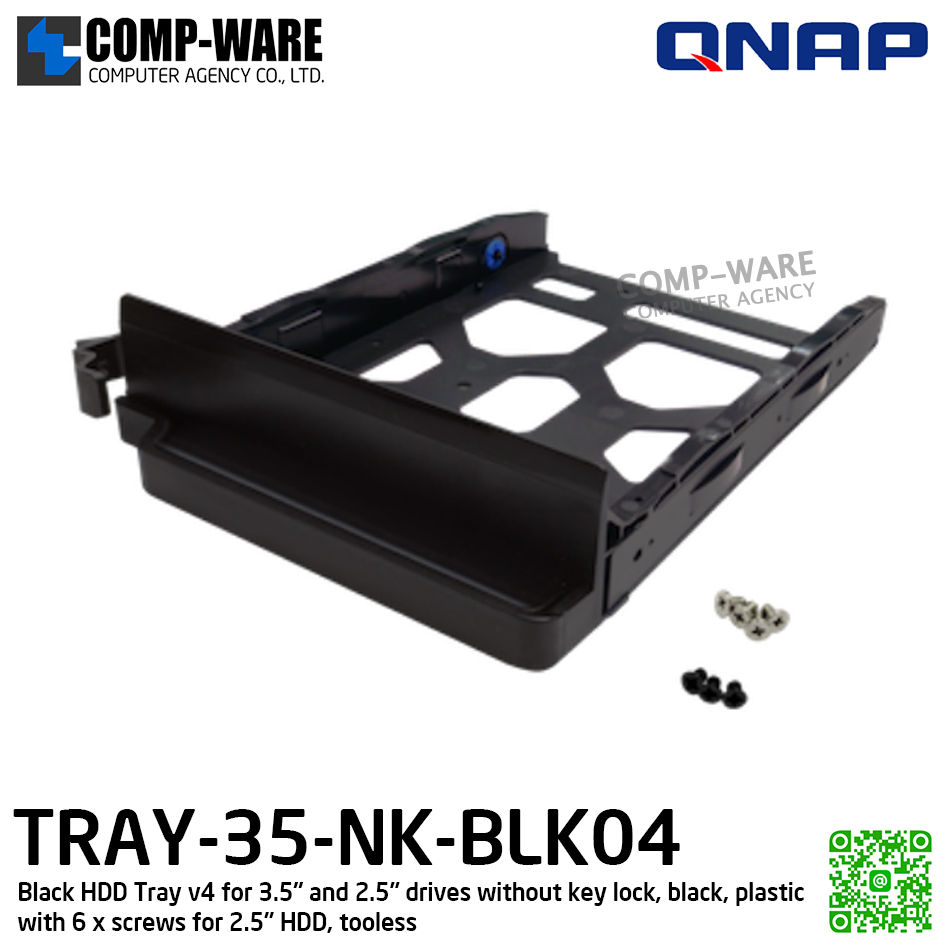 QNAP TRAY-35-NK-BLK04 HDD Tray for 3.5" and 2.5" drives without key lock, black, plastic with 6 x screws for 2.5" HDD, tooless - Spare Part - 1Y Warranty