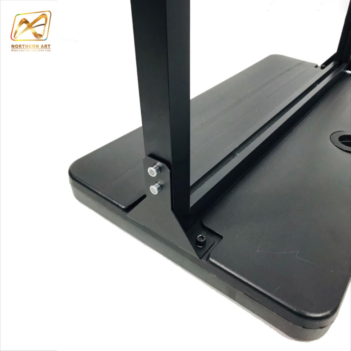 ป้ายตั้งพื้นฐานน้ำ ขนาด(W) 63 x (L) 37 x (H) 166 cm. โชว์งานพิมพ์ 2 ด้าน โครงอะลูมิเนียม ถอดประกอบได้ ฐานน้ำถ่วงน้ำหนัก