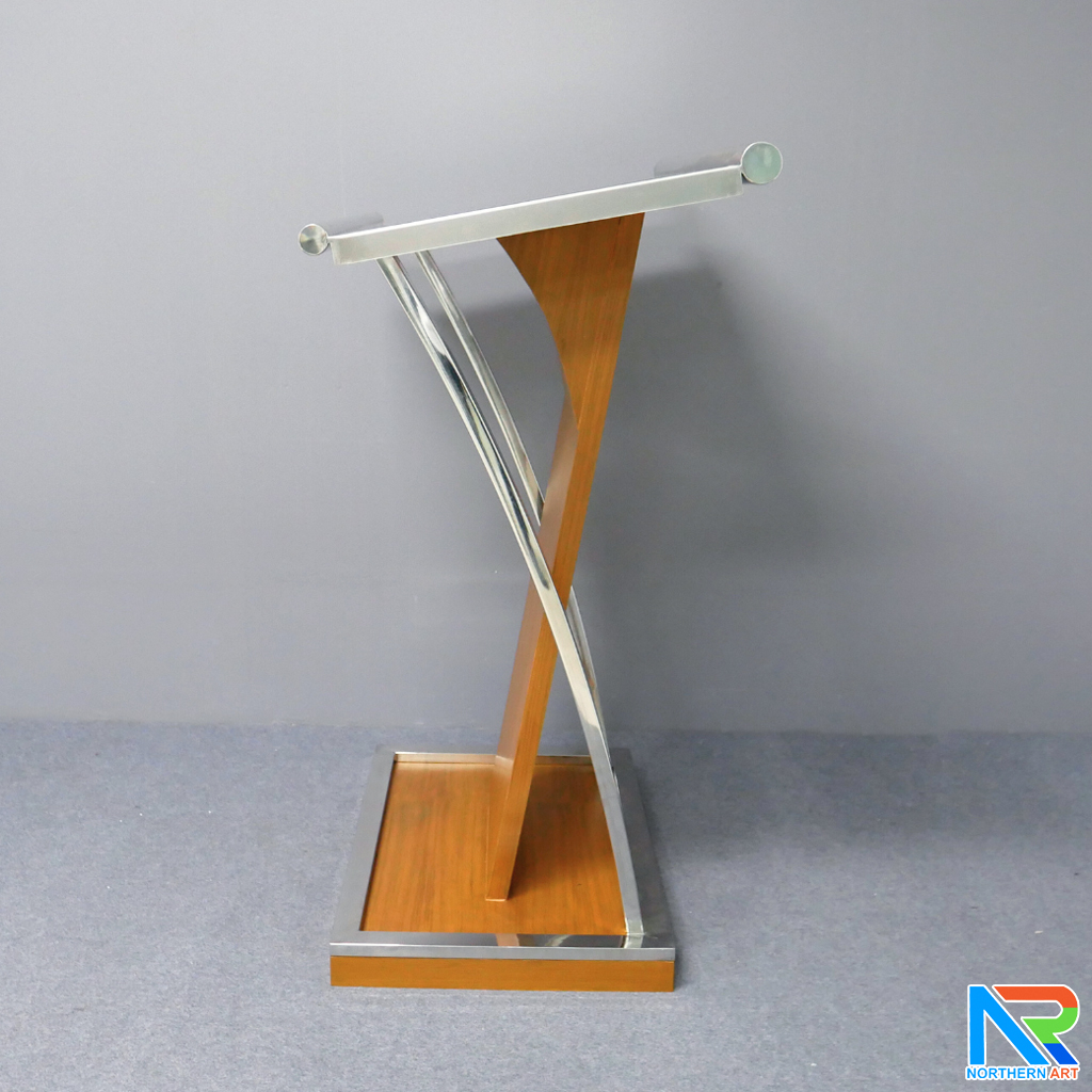 โพเดียมไม้ ยืนคู่ สีสัก ขนาด (W) 90x (L) 59 x (H) 120 cm.Topและฐาน หุ้มสแตนเลสเกรด304