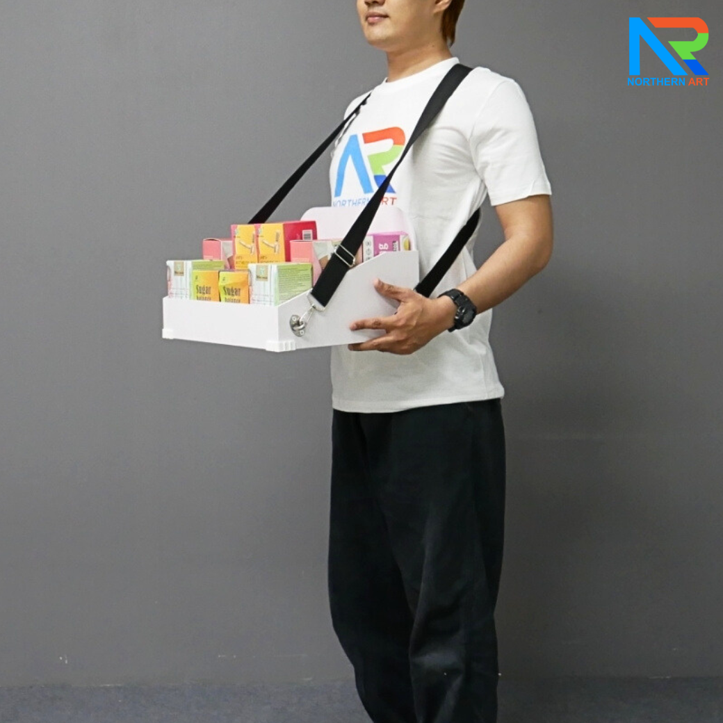 SAMPLING MOBILE TRAY ถาดแจกเคลื่อนที่ ขนาด (W)40 x (D)30 x (H)23 cm. พร้อมสายคล้องคอ