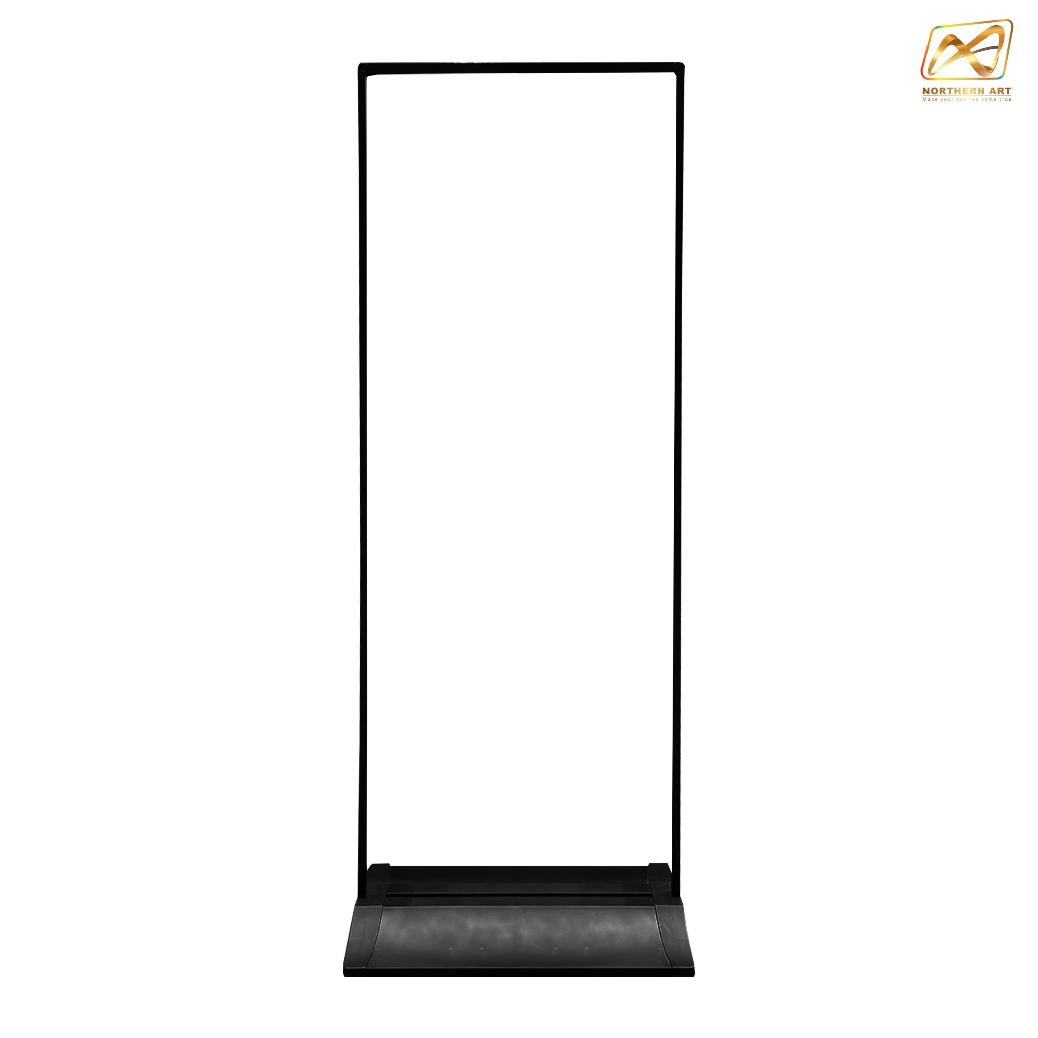 ป้ายตั้งพื้น รุ่นแขวน ฐานพลาสติกขึ้นรูป ขนาด 60x160 ซม. โครงเหล็กสีดำพร้อมขอแขวน 4 มุม ถอดประกอบได้ เคลื่อนย้ายสะดวก