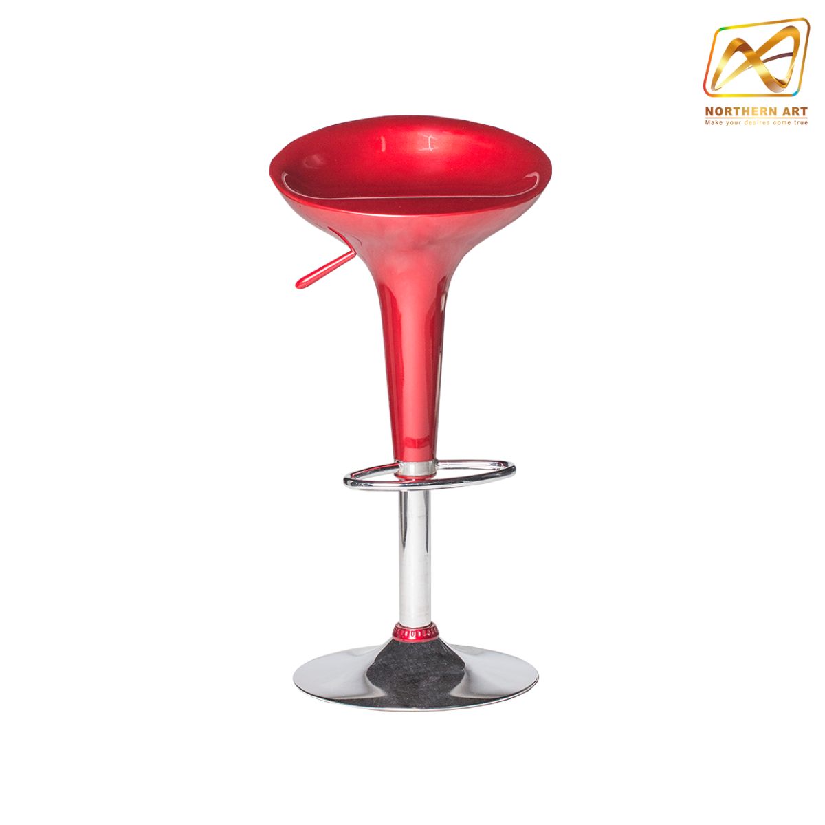 เช่าเก้าอี้บาร์ ทรงถ้วยไอศครีม ปรับสูงต่ำได้ ขาเหล็กชุบโครเมี่ยม มี3สี ขาว แดง ดำ