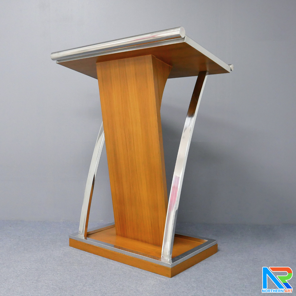 โพเดียมไม้ ยืนคู่ สีสัก ขนาด (W) 90x (L) 59 x (H) 120 cm.Topและฐาน หุ้มสแตนเลสเกรด304