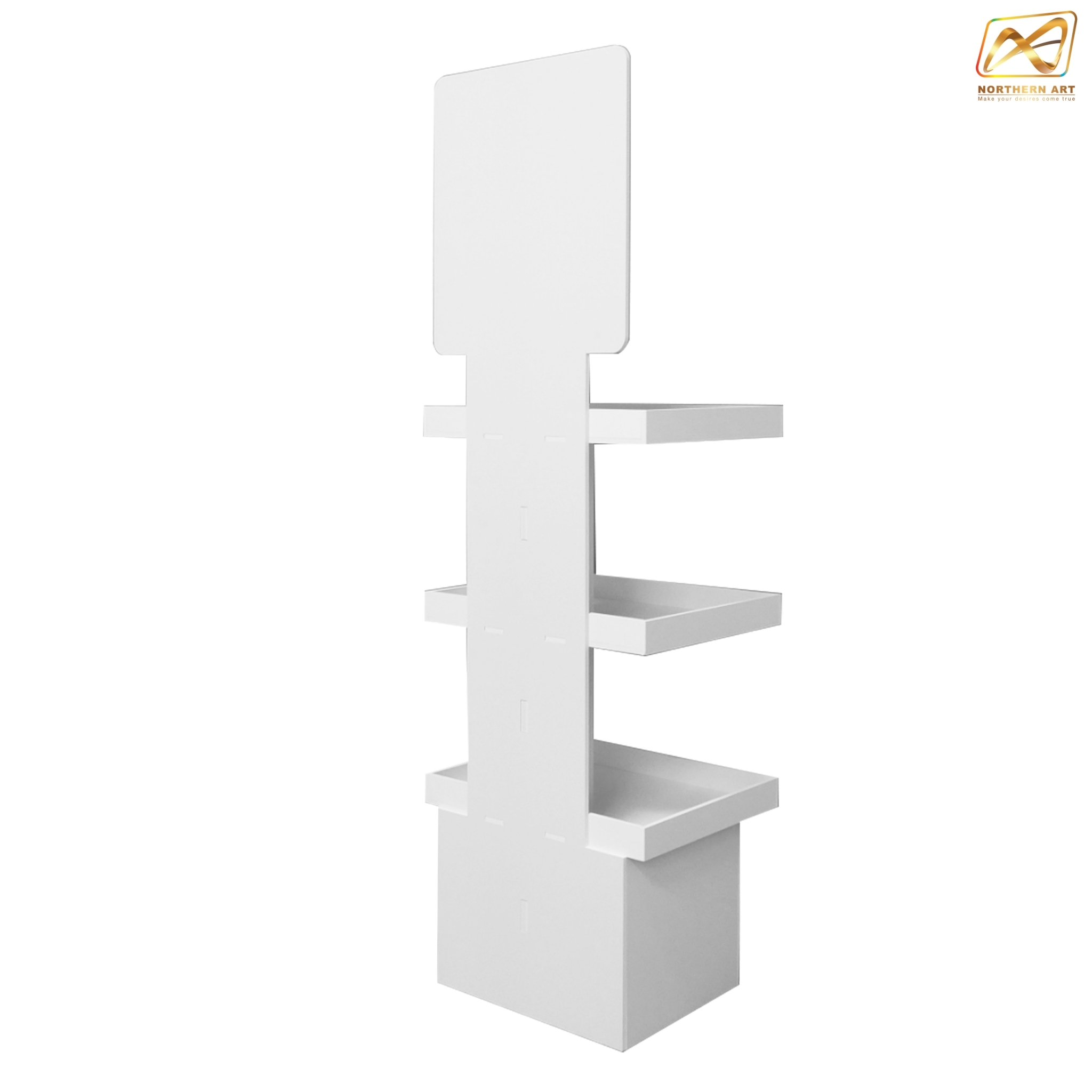 ชั้นวางสินค้าพลาสวูด 3 ชั้น ขนาด (W)40 x (D)31.6 x (H)150 ซม. พลาสวูดหนา 8 มม.พร้อมงานพิมพ์สติ๊กเกอร์